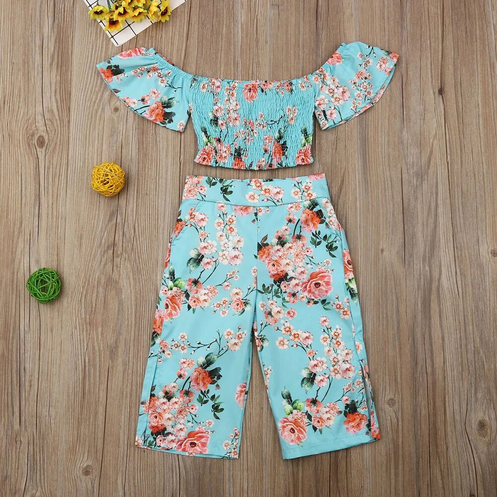 Baby Fashionista 2Pc Floral Off Shoulder Crop Top & Long Split Pants Set.