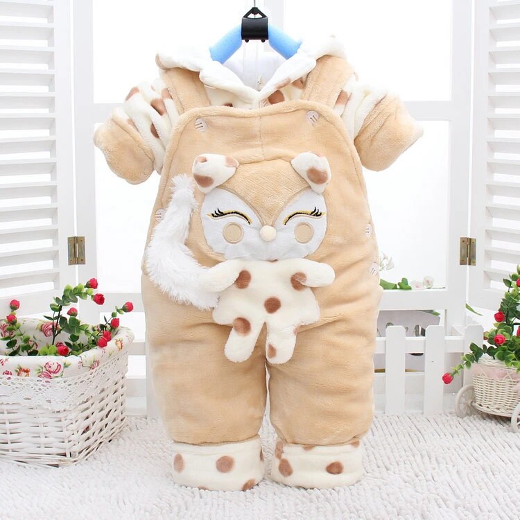 Baby Girls Adorable 2Pc Winter Plush Hooded Sweater Jacket and Soft Overalls Combo.