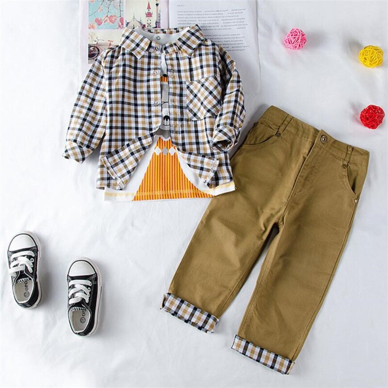 Boys Stylish 3pc Plaid Button Down, Long Sleeve Shirt and Pants Set