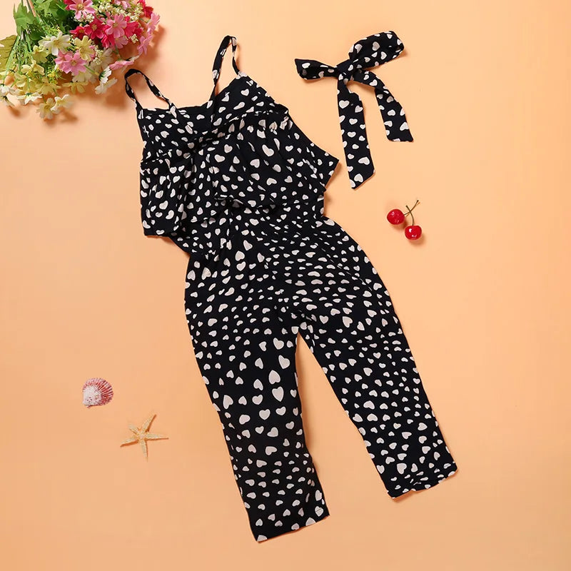Girls Sleeveless Polka Dot Hearts Strap Jumpsuit & Headband Set