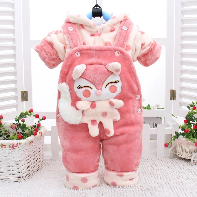 Baby Girls Adorable 2Pc Winter Plush Hooded Sweater Jacket and Soft Overalls Combo.