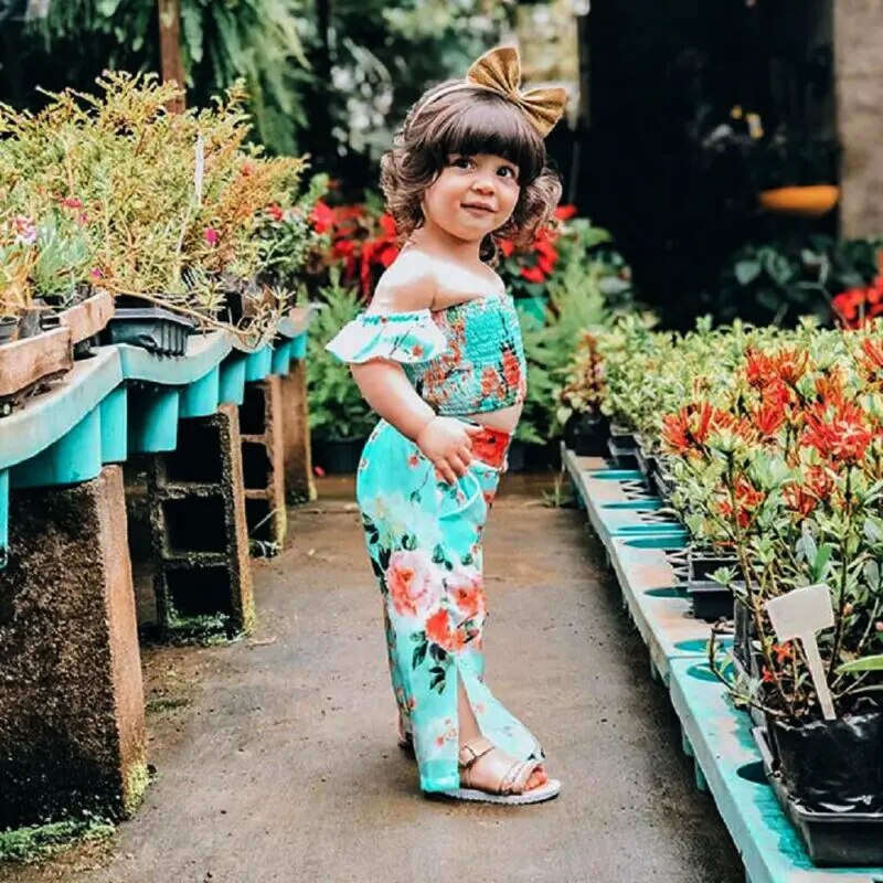 Baby Fashionista 2Pc Floral Off Shoulder Crop Top & Long Split Pants Set.
