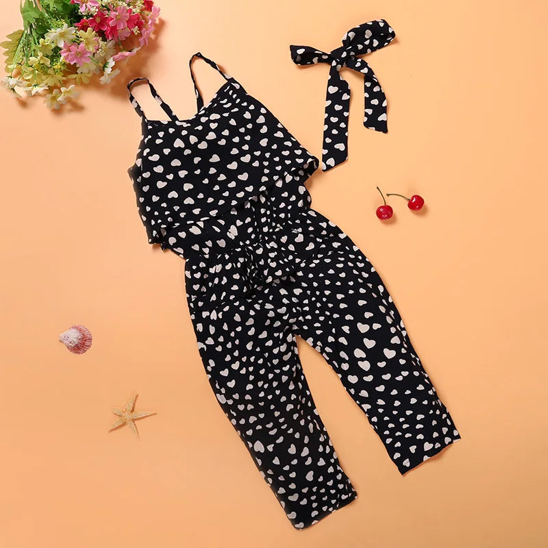 Girls Sleeveless Polka Dot Hearts Strap Jumpsuit & Headband Set