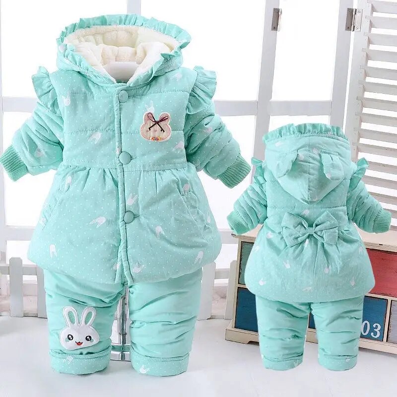 Baby Girls Cute 2Pc Plush and Warm Cotton Hooded Winter Coat & Pants Set.