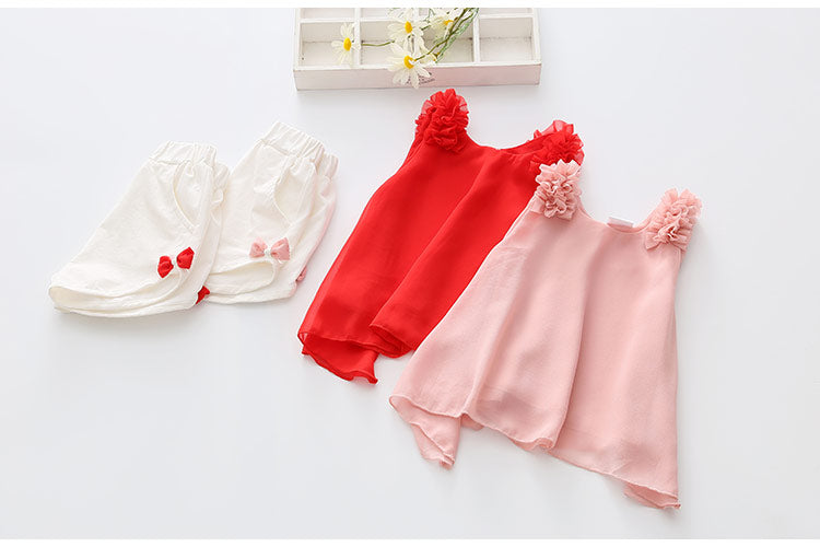 Girls Cute 2Pc Ruffle Shoulders Sleeveless Top and Shorts Set