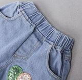 Baby Girls 3Pc Short Sleeve Fashion Top, Trendy Ripped Jeans and Head Scarf Set