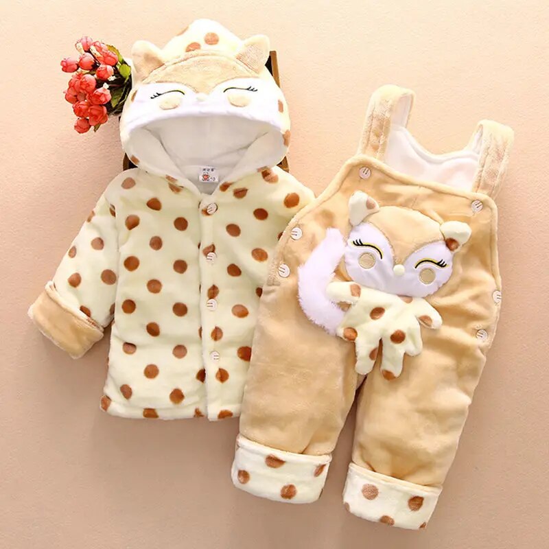Baby Girls Adorable 2Pc Winter Plush Hooded Sweater Jacket and Soft Overalls Combo.
