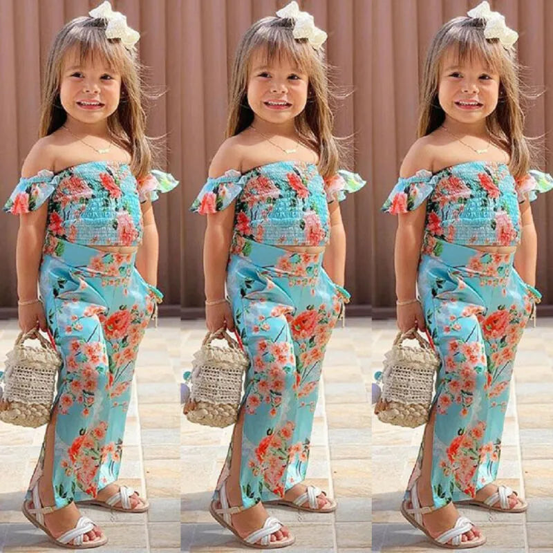 Baby Fashionista 2Pc Floral Off Shoulder Crop Top & Long Split Pants Set.