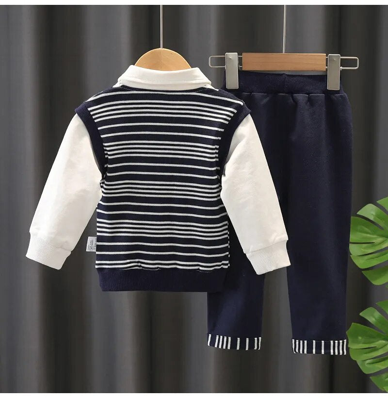 Baby Boys 2PC Little Gentleman Outfits. Long Sleeves Sweater-Shirt (Button Down Look Built In) and Trousers Set.