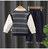 Baby Boys 2PC Little Gentleman Outfits. Long Sleeves Sweater-Shirt (Button Down Look Built In) and Trousers Set.