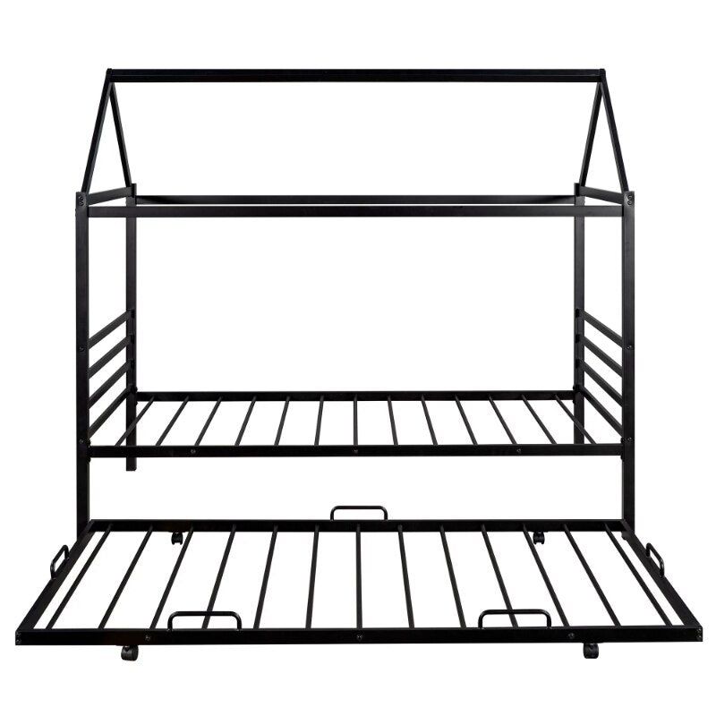 Kids Twin Size House Shaped Metal Platform Bed With Trundle