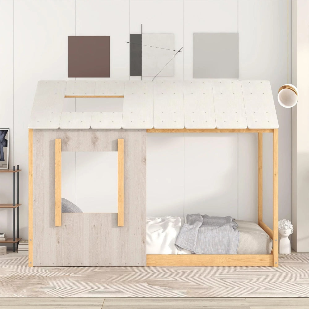 Kids Twin Size Classic Wood House Platform Bed with Roof and Window