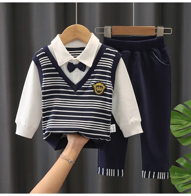 Baby Boys 2PC Little Gentleman Outfits. Long Sleeves Sweater-Shirt (Button Down Look Built In) and Trousers Set.