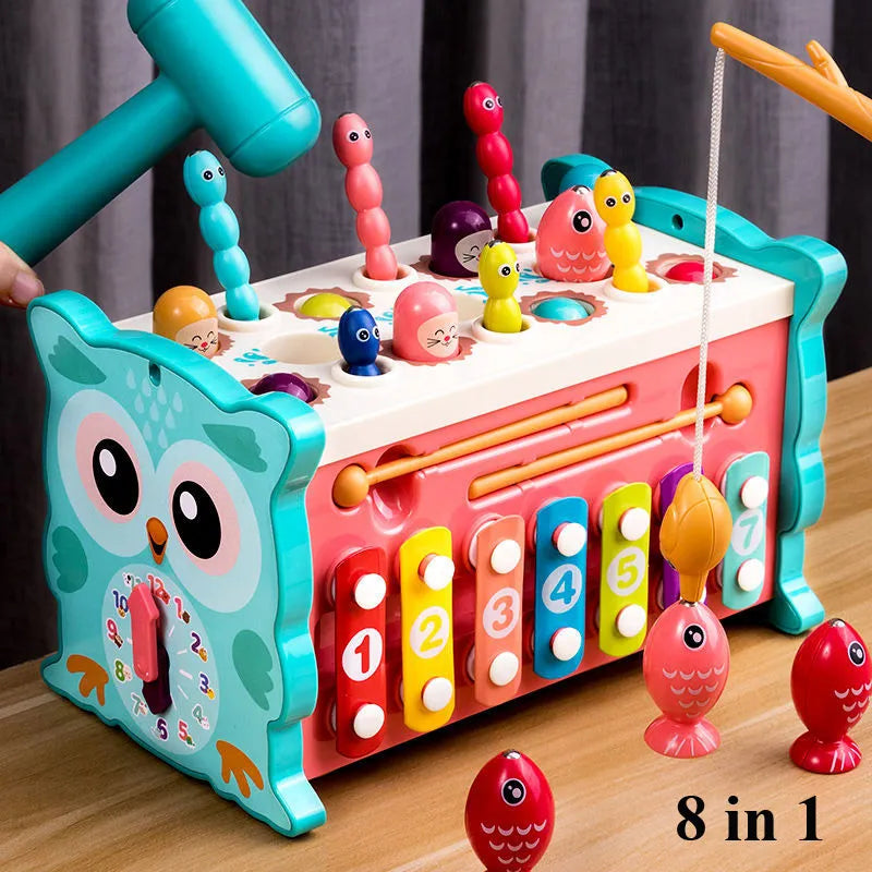 Baby Montessori Fishing Owl Learning Cube with Educational Clock, Kids Hammer Game, Music ,Puzzle and Piano Set