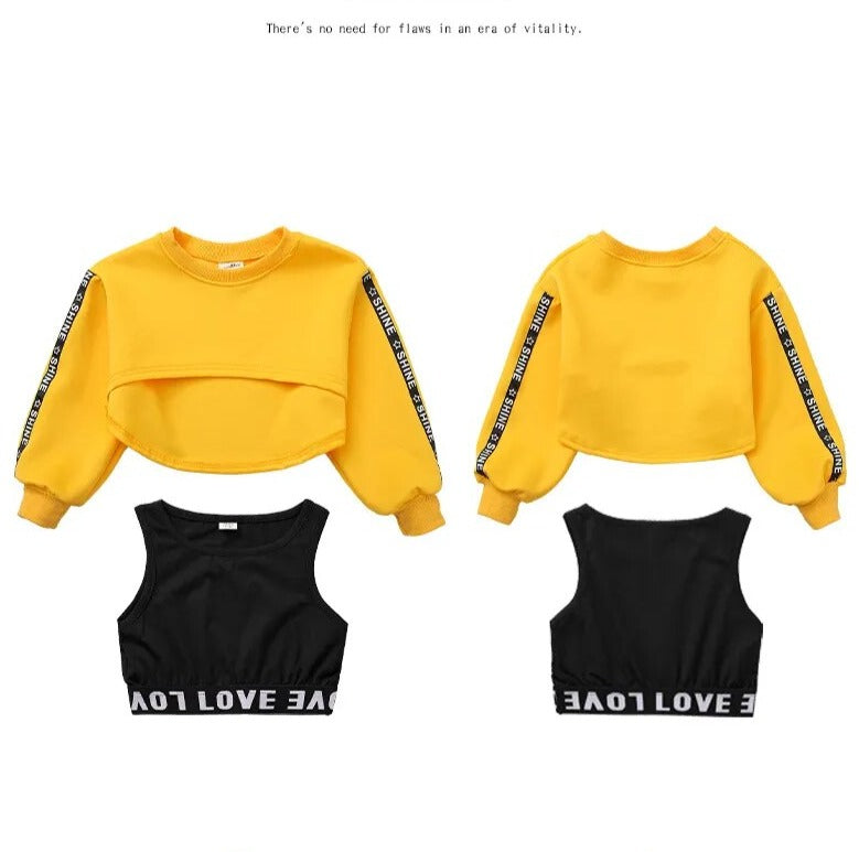 Girls Urban Hip Hop Style 3Pc Long Sleeve Cropped Shirt, Crop Top and Street Dance Cargo Pants Combo. (Each Item Also Available Separately)