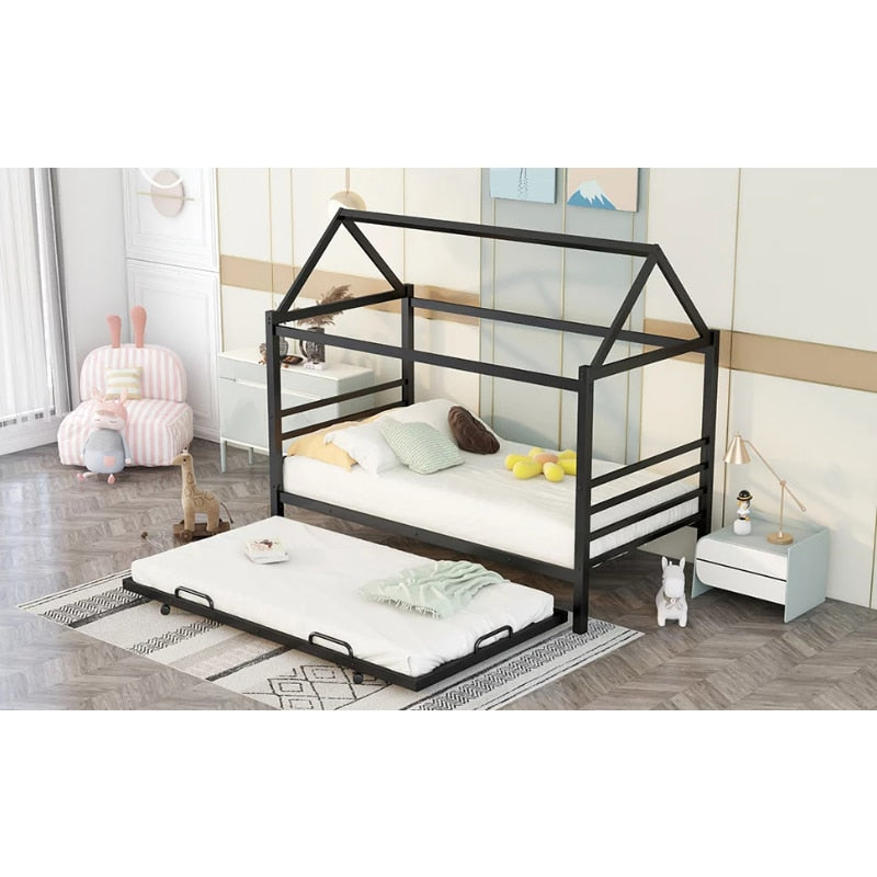 Kids Twin Size House Shaped Metal Platform Bed With Trundle