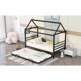 Kids Twin Size House Shaped Metal Platform Bed With Trundle