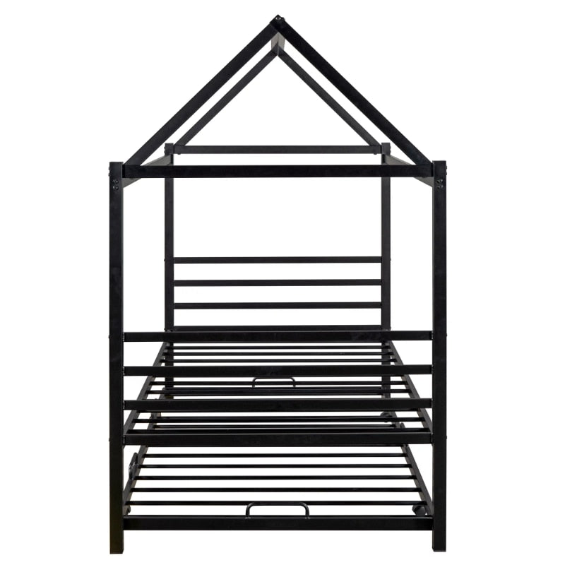 Kids Twin Size House Shaped Metal Platform Bed With Trundle