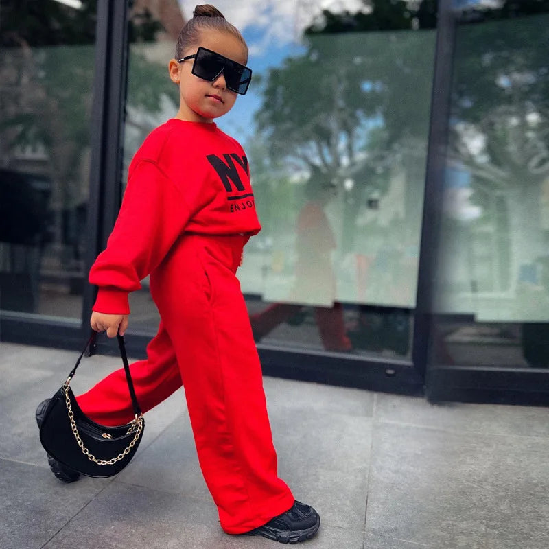 Baby Girls NY Fashion Style Long Sleeve Sweatshirt and Flared Pants Combo. (Ages 18M~8Yrs.)