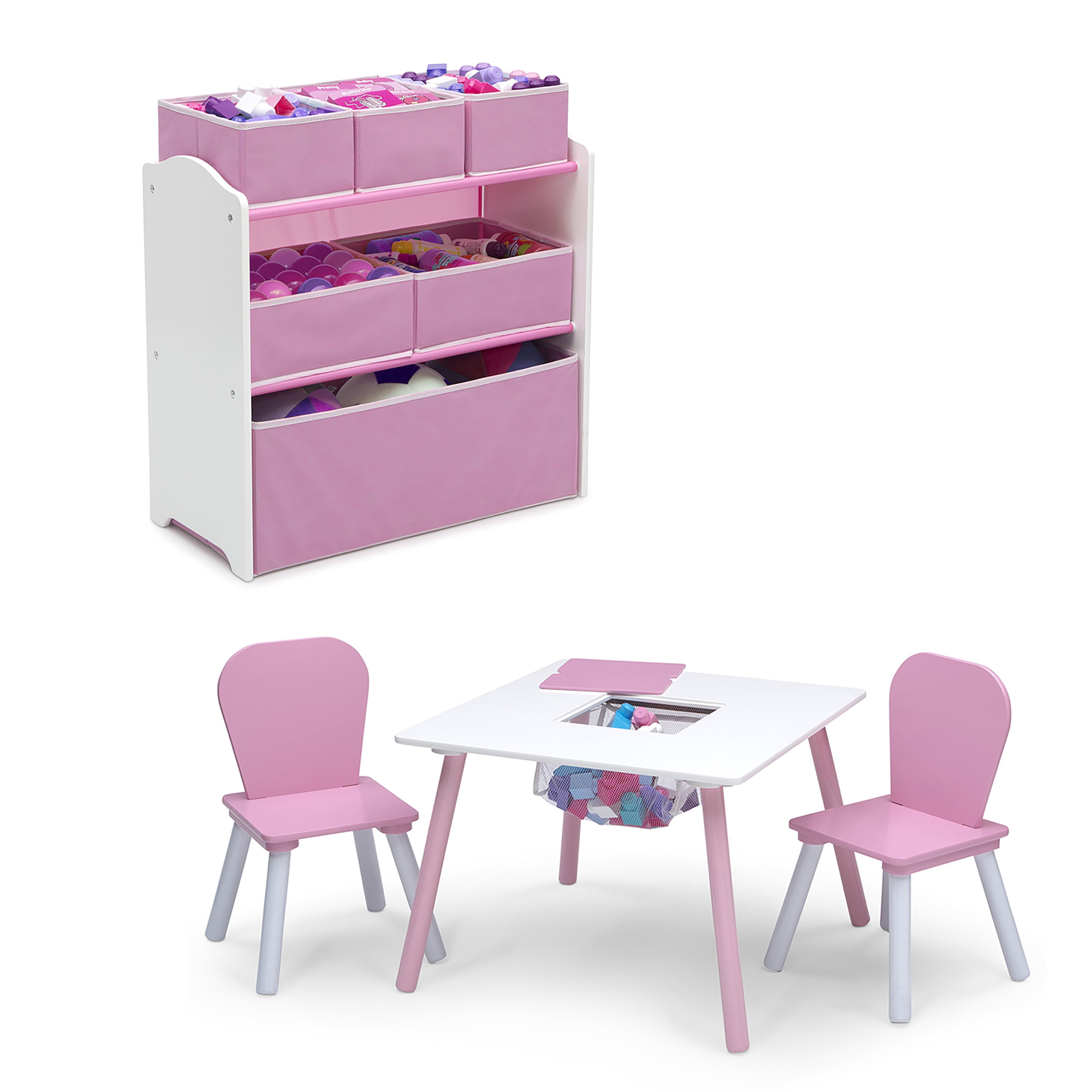 Children 4-Piece Toddler Playroom Table, Chair and Multi-Bin Toy Organizer Set. Blue, Pink or Grey