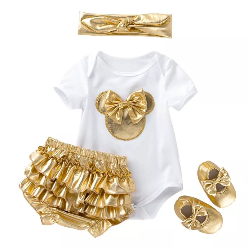Baby Girl 4Pc Cotton Tops, Skirt-Shorts, Shoes & Headdress Sets. (0~18M)