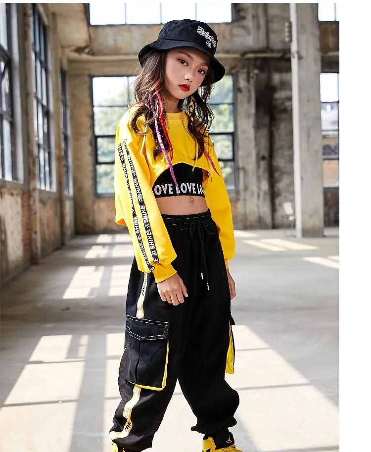 Girls Urban Hip Hop Style 3Pc Long Sleeve Cropped Shirt, Crop Top and Street Dance Cargo Pants Combo. (Each Item Also Available Separately)