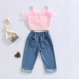 Fashion Girls 2Pc Pink Sleeveless Feather Camisole & Crimping Denim Jeans Set.