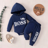 Babies "Little Boss" 2Pc Long Sleeve Hooded Onesie and Pant Set