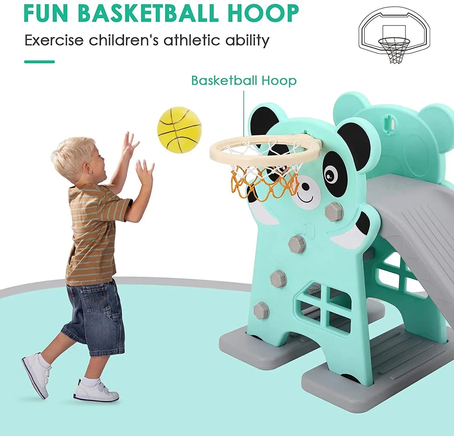 Kids Fun and Sturdy Indoor/Outdoor Slide w/ Basketball Hoop (Ball Included)