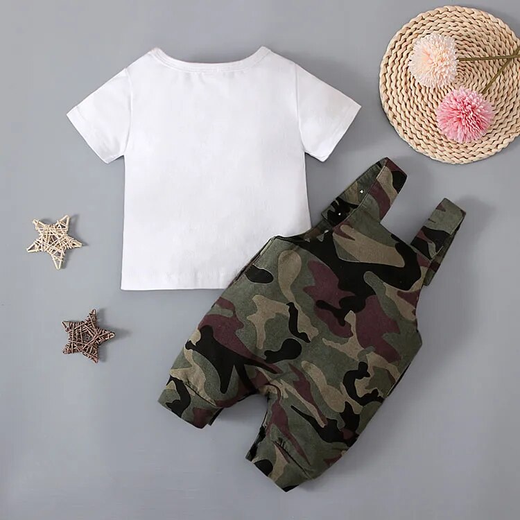 Kids Stylish 2Pc Cotton Short Sleeve Top & Camouflage Overall