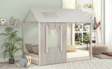 Kids Twin Size Classic Wood House Platform Bed with Roof and Window