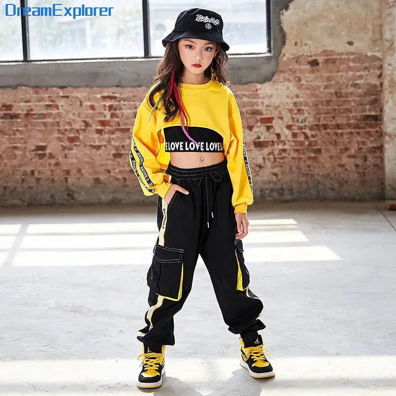 Girls Urban Hip Hop Style 3Pc Long Sleeve Cropped Shirt, Crop Top and Street Dance Cargo Pants Combo. (Each Item Also Available Separately)