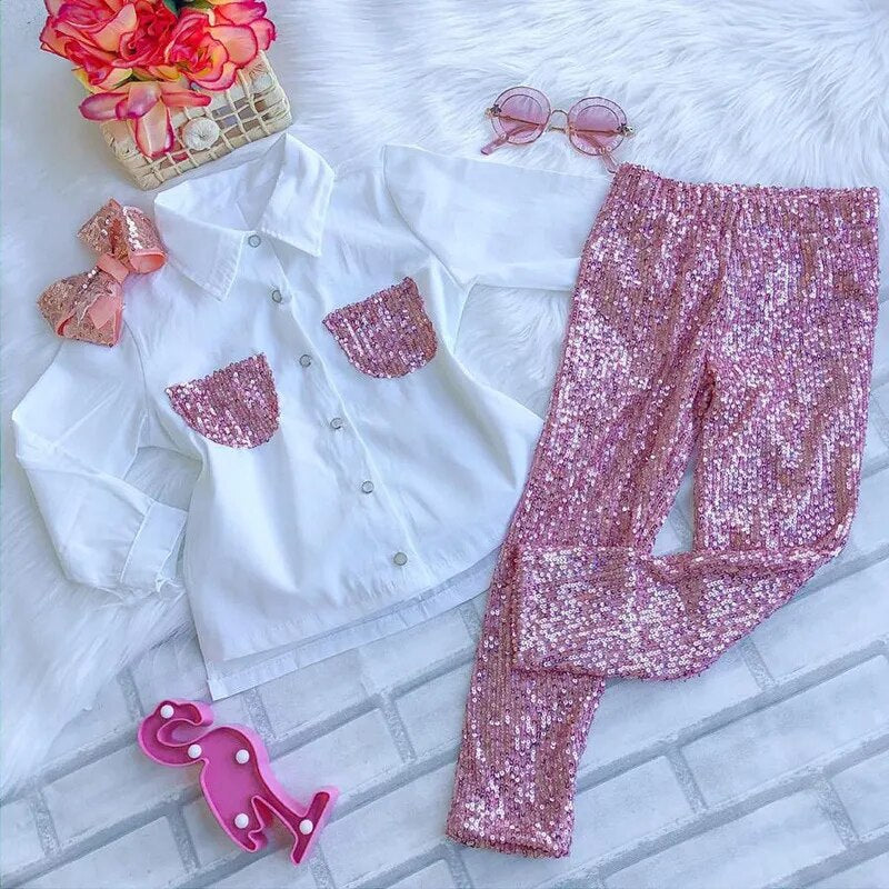 Little Fashionista 2Pc Long Sleeve White Blouse and Pink Sequins Pants Set.