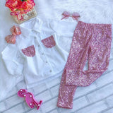 Little Fashionista 2Pc Long Sleeve White Blouse and Pink Sequins Pants Set.