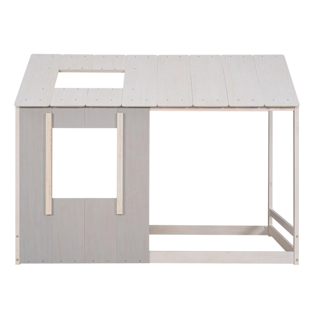 Kids Twin Size Classic Wood House Platform Bed with Roof and Window
