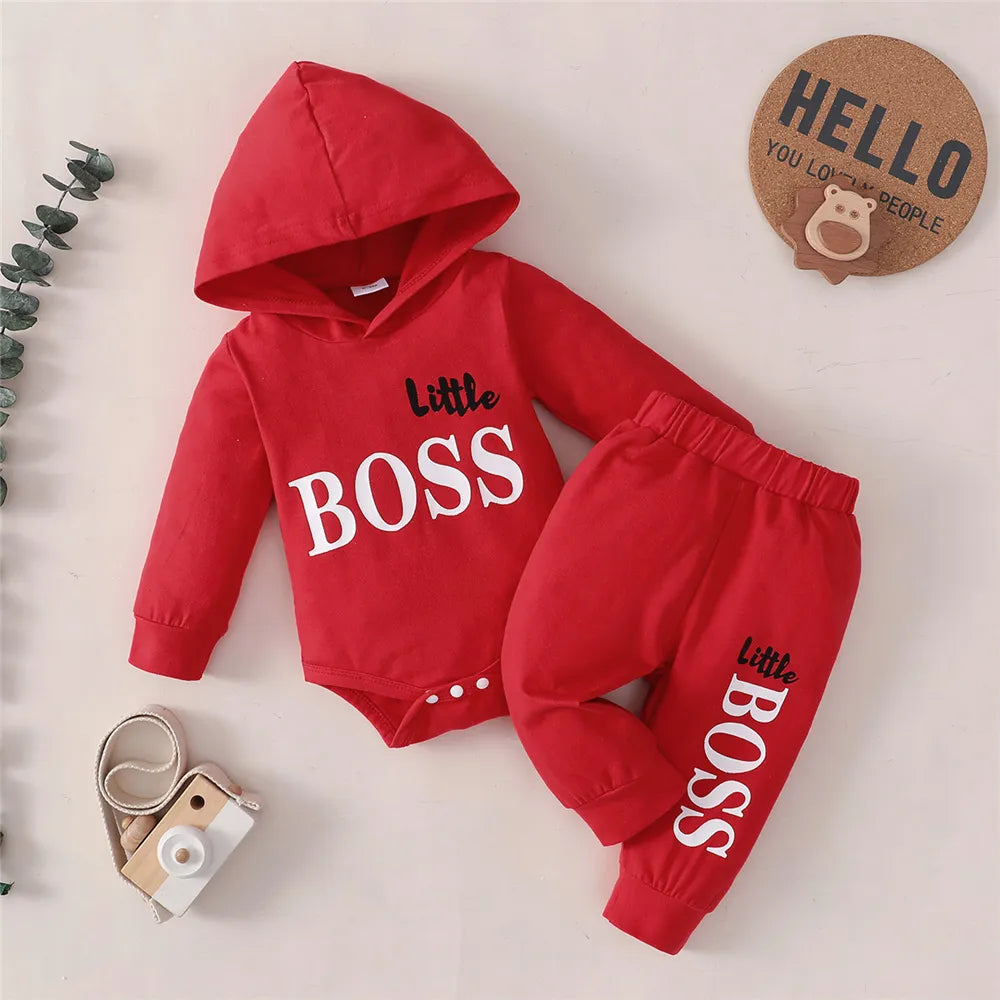 Babies "Little Boss" 2Pc Long Sleeve Hooded Onesie and Pant Set