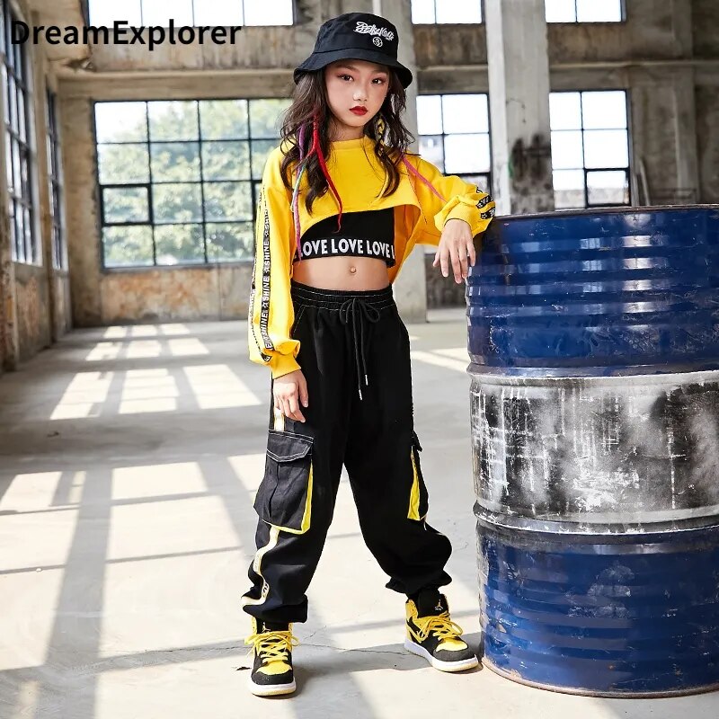 Girls Urban Hip Hop Style 3Pc Long Sleeve Cropped Shirt, Crop Top and Street Dance Cargo Pants Combo. (Each Item Also Available Separately)
