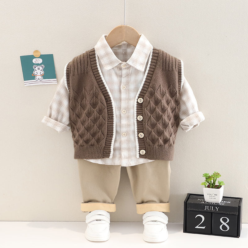 Baby Boys 3Pc Cotton Cardigan Sweater Vest, Plaid Shirt & Pants Set