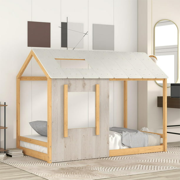 Kids Twin Size Classic Wood House Platform Bed with Roof and Window