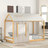 Kids Twin Size Classic Wood House Platform Bed with Roof and Window
