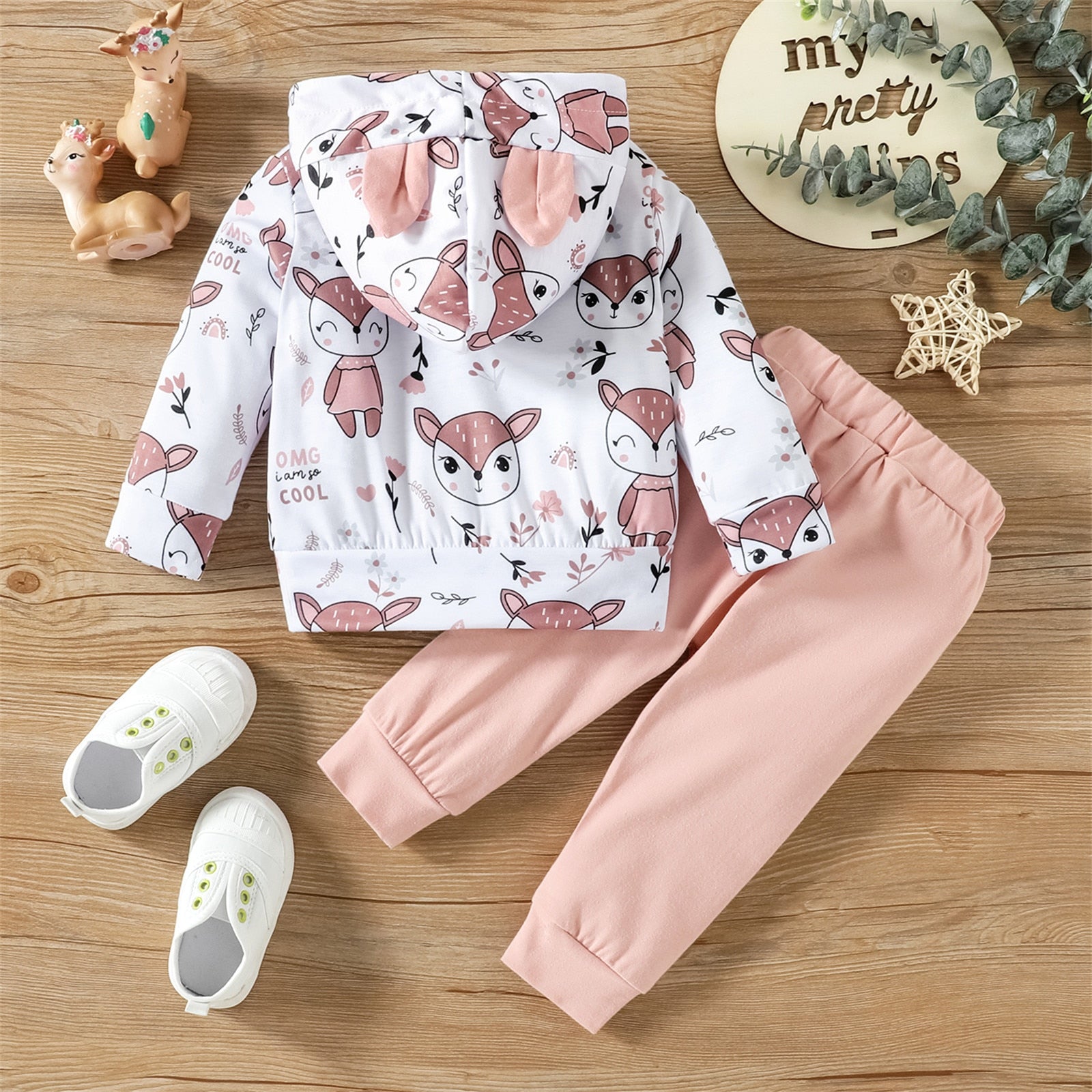 Baby Girl 2Pc Animal Print Long-sleeve Cotton Hoodie and Sweatpants Set