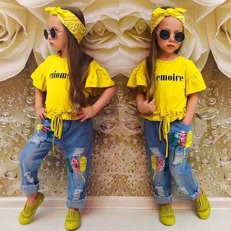 Baby Girls 3Pc Short Sleeve Fashion Top, Trendy Ripped Jeans and Head Scarf Set