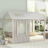 Kids Twin Size Classic Wood House Platform Bed with Roof and Window