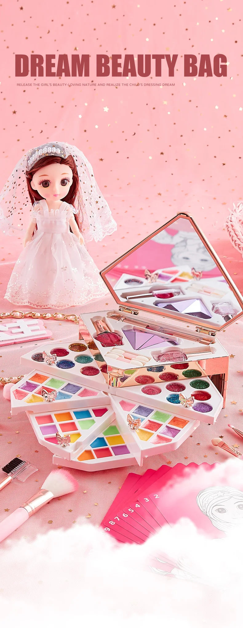 Girls Light Up Diamond Cosmetics Makeup Case with Princess Doll & Accessories Sets (2 Styles to Choose From)