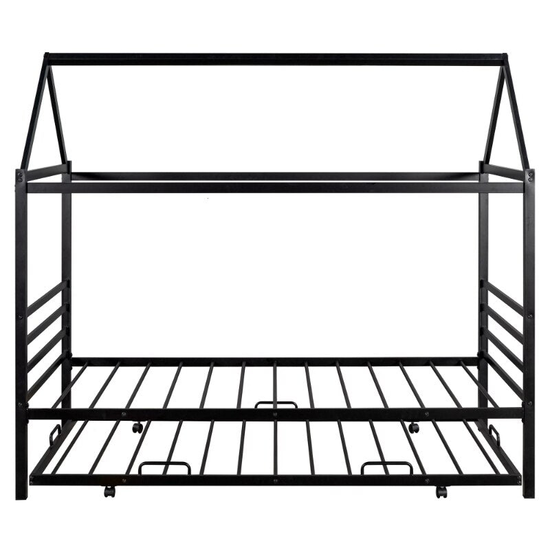 Kids Twin Size House Shaped Metal Platform Bed With Trundle