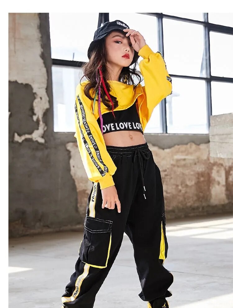 Girls Urban Hip Hop Style 3Pc Long Sleeve Cropped Shirt, Crop Top and Street Dance Cargo Pants Combo. (Each Item Also Available Separately)