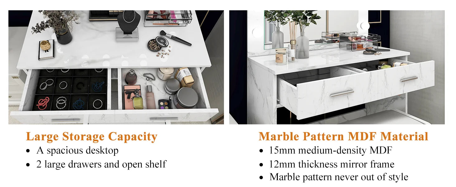 Elegant Makeup Vanity Set with Mirror, Lights & Stool. (Marble Finish)