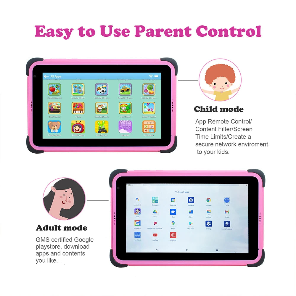 Kids 7 Inch, 1024x600 HD, Quad Core, Dual Wifi, 2GB 32GB, 11.0 Android Tablet with Holder