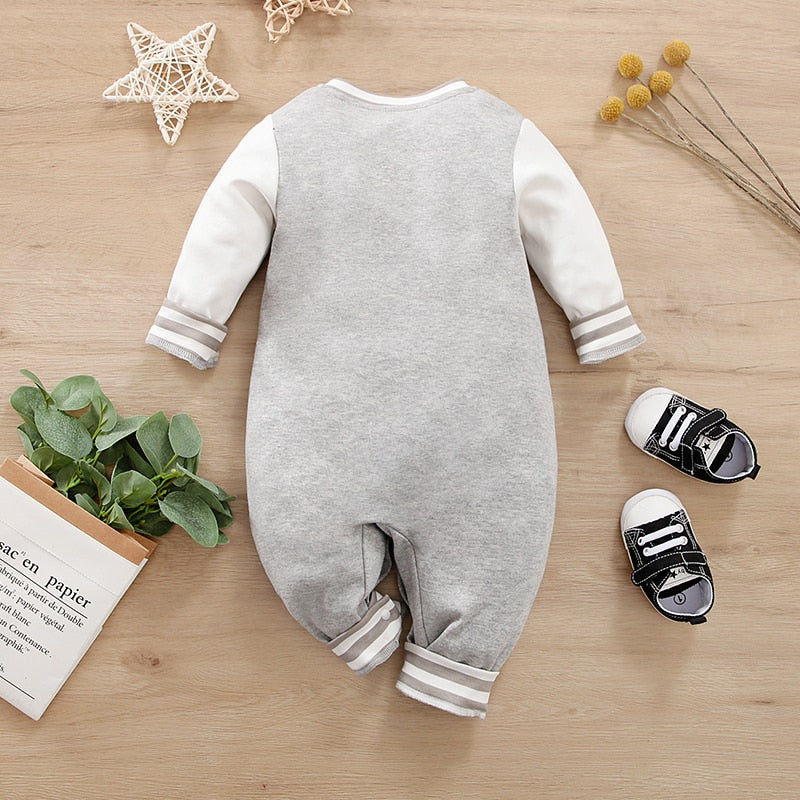 Baby Boy Letter Embroidered Spliced Long-sleeve Sporty Jumpsuit