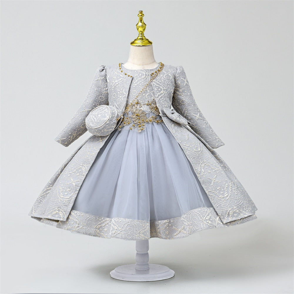 Girls Elegant 3pc Set Royal Ensemble. Long Sleeve Pearls Bowknot Jacket, Gown and Matching Purse.